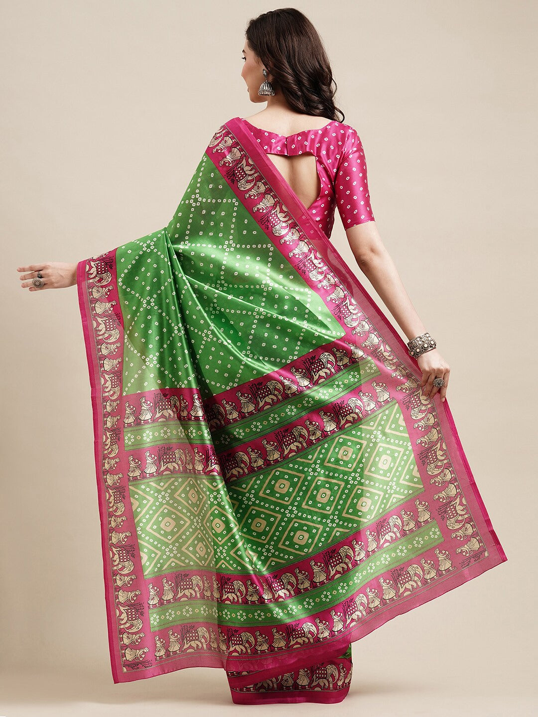 Saree Mall Green & Fuchsia Bandhani Silk Blend Bandhani Sarees - Distacart