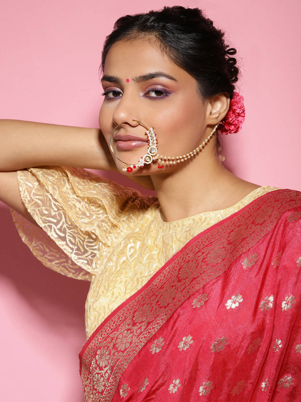 Gold-Plated White Red Kundan Studded Beaded Chained Nose Ring - Ruby Raang - Distacart