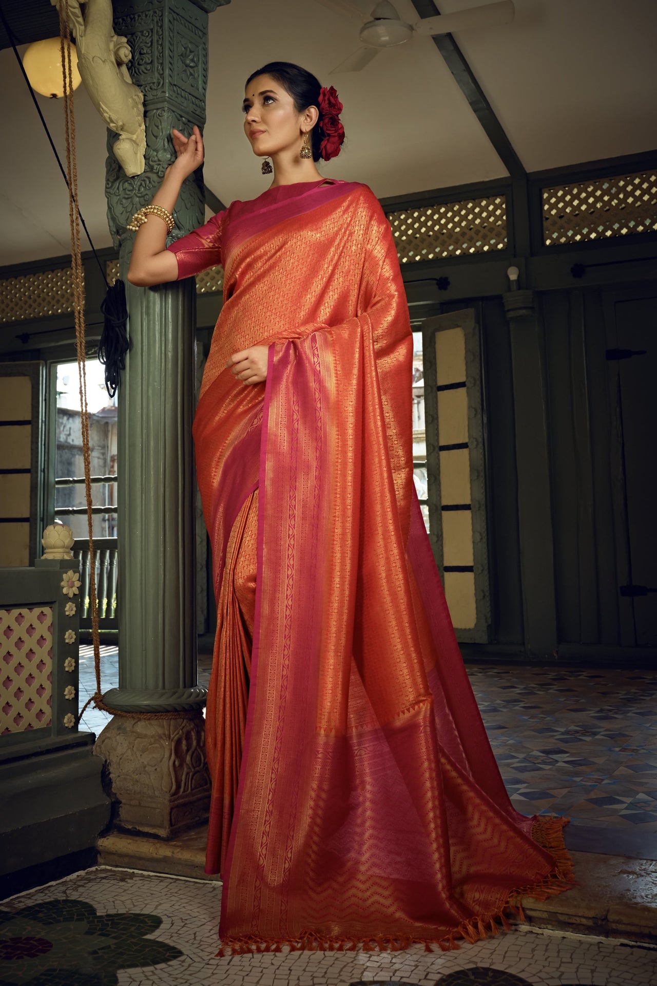 Vardha Sunset Orange Golden Zari Kanjeevaram Silk Saree