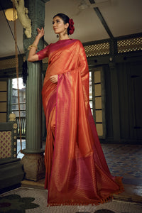 Thumbnail for Vardha Sunset Orange Golden Zari Kanjeevaram Silk Saree