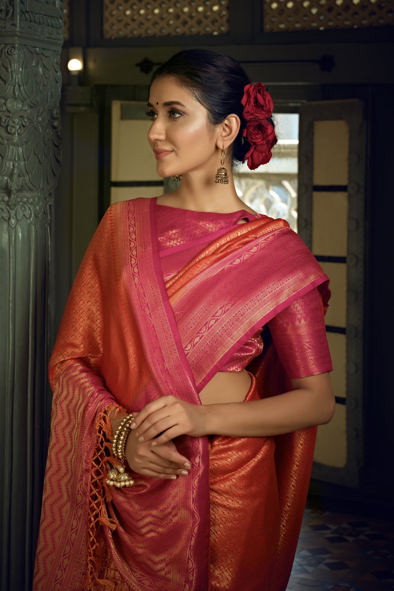 Vardha Sunset Orange Golden Zari Kanjeevaram Silk Saree