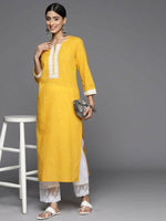 Thumbnail for Varanga Women Mustard Kurta, Three Quarter Sleeves, Round Neck , Straight Kurta With Side Slits - Distacart