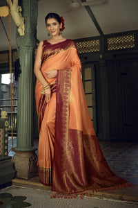 Thumbnail for Vardha Peach Yellow Golden Zari Kanjeevaram Silk Saree