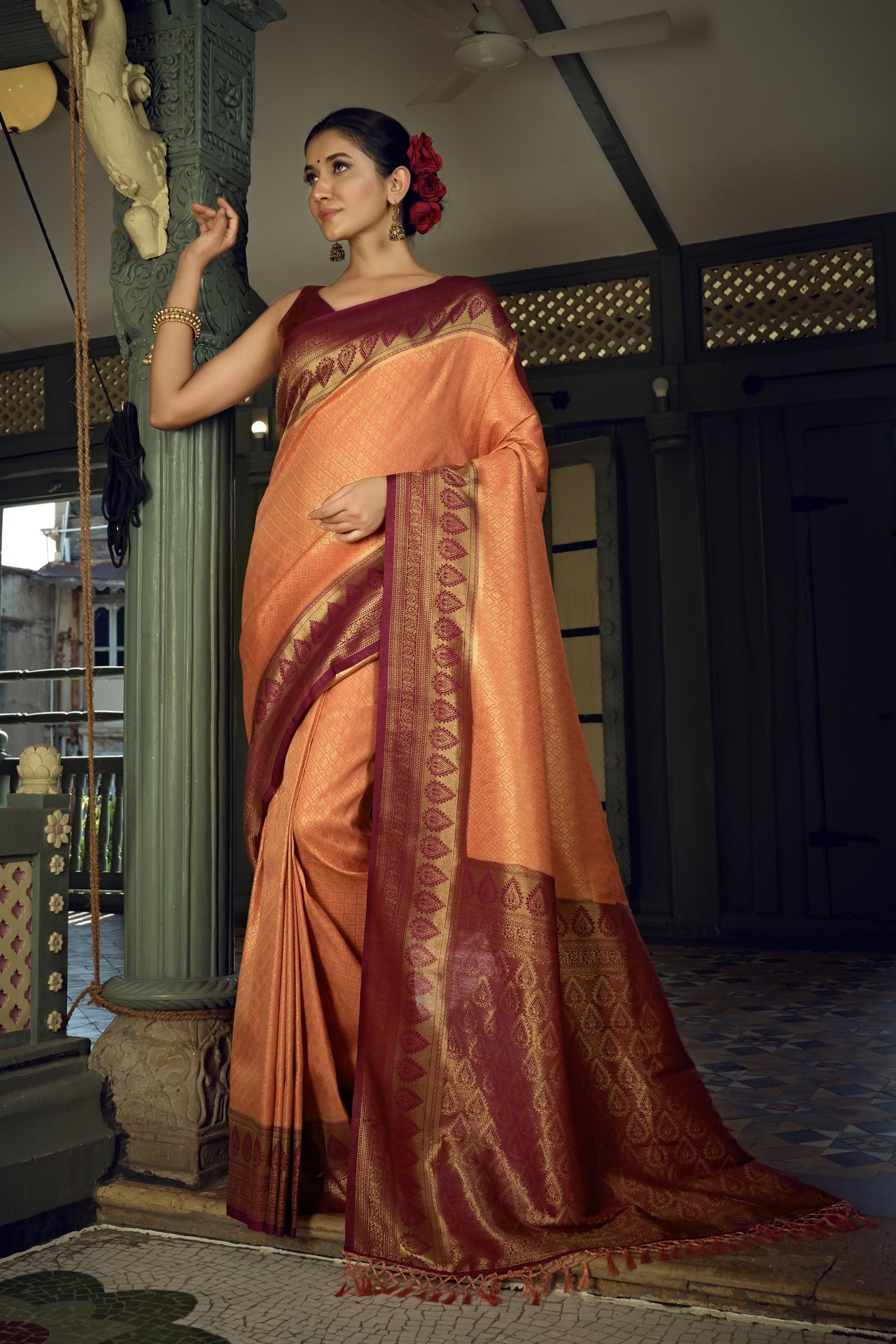 Vardha Peach Yellow Golden Zari Kanjeevaram Silk Saree