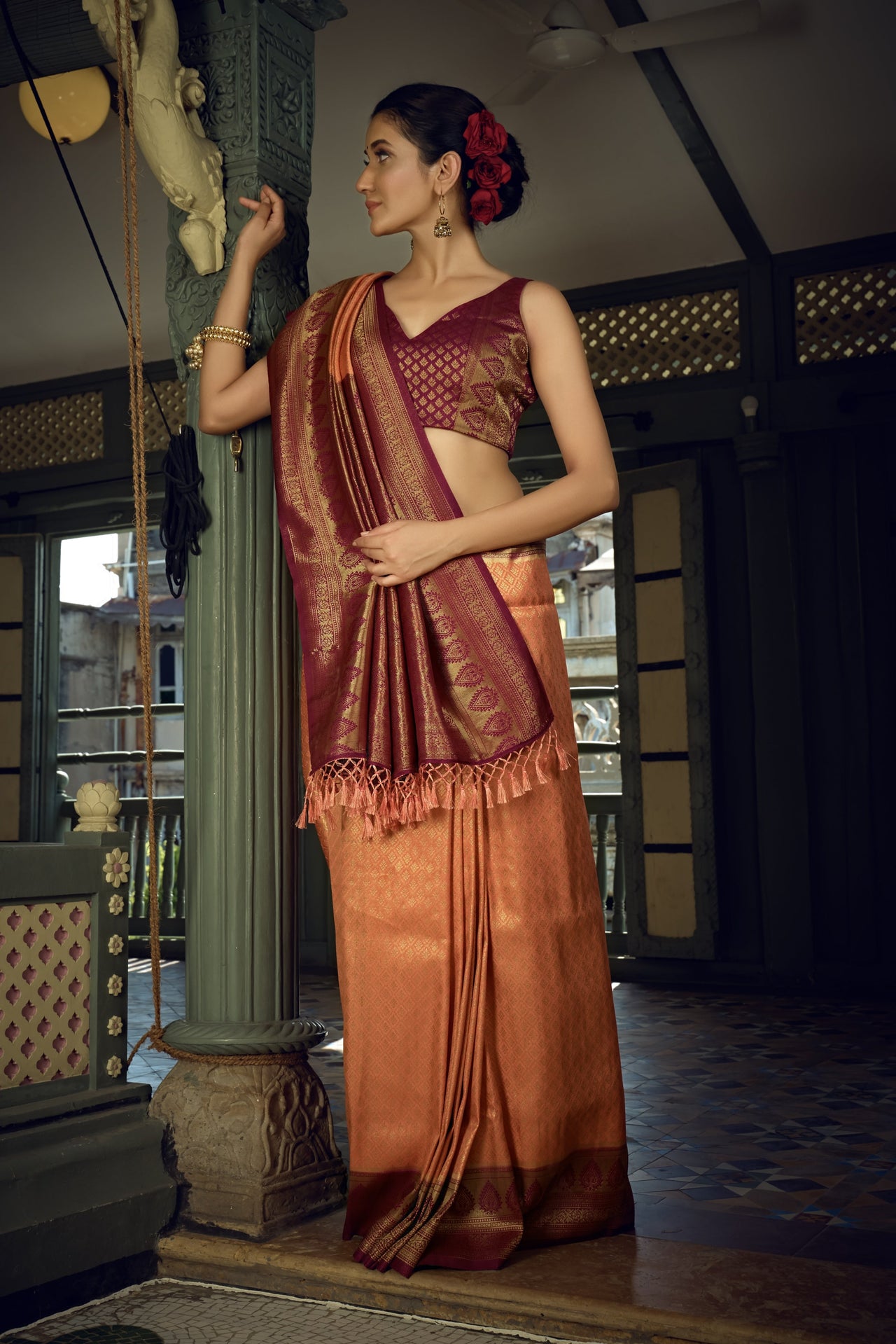Vardha Peach Yellow Golden Zari Kanjeevaram Silk Saree