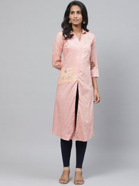 Thumbnail for Biba Women Peach-Coloured & Mustard Yellow Mirror Work Printed A-Line Kurta - Distacart