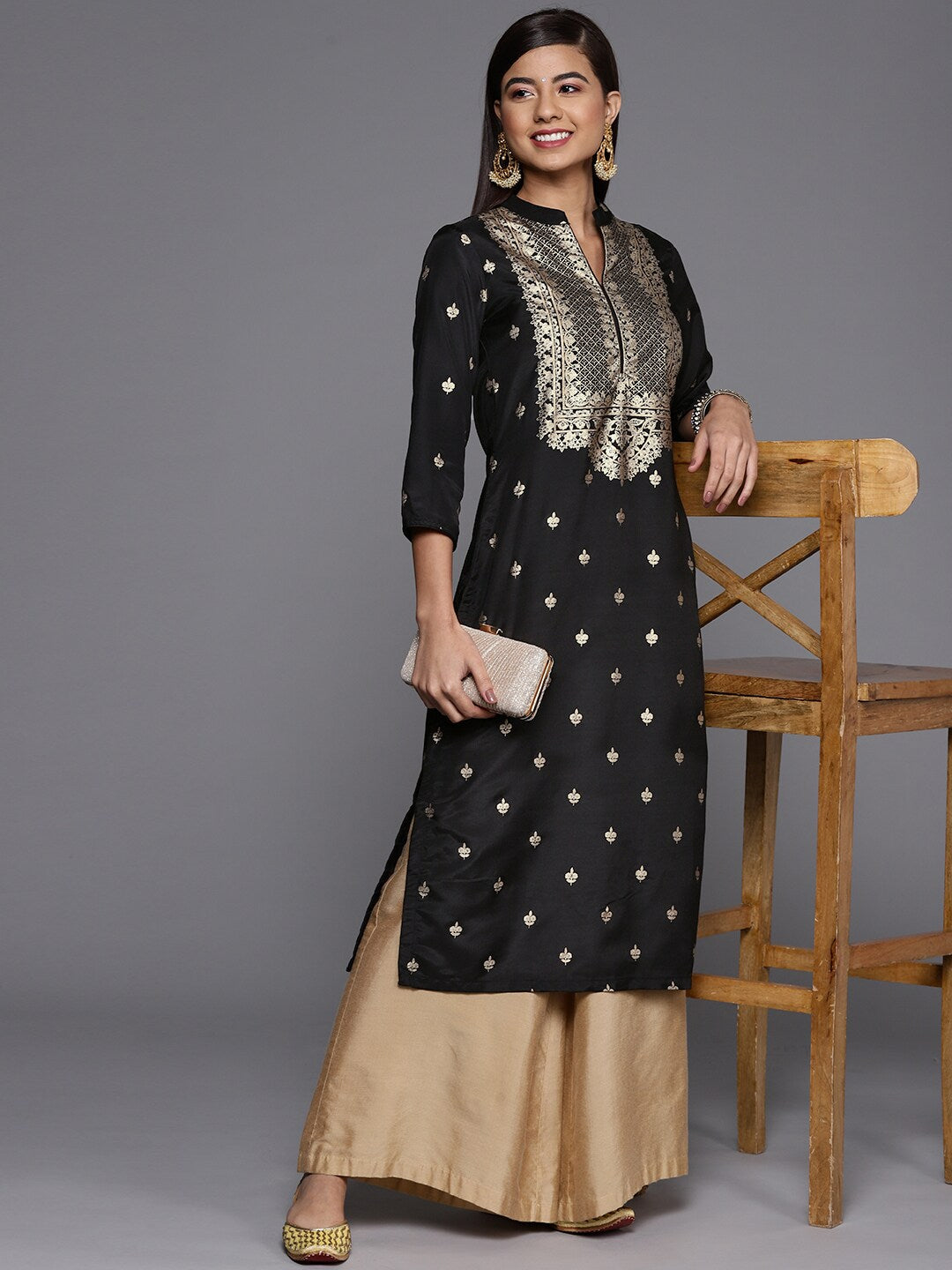 Biba Women Black & Beige Ethnic Motifs Printed Thread Work Kurta - Distacart