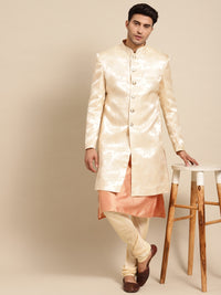 Thumbnail for KISAH Men Beige & Orange Woven-Design Sherwani Set - Distacart