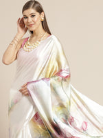 Thumbnail for Tikhi Imli White & Pink Digital Floral Print Saree - Distacart