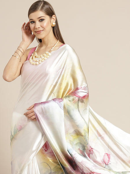 Tikhi Imli White & Pink Digital Floral Print Saree - Distacart
