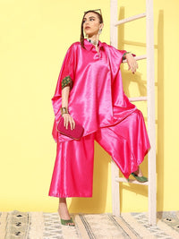 Thumbnail for InWeave Women's Pink Green Brocade Satin Boho Kurta Palazzo Set - Distacart