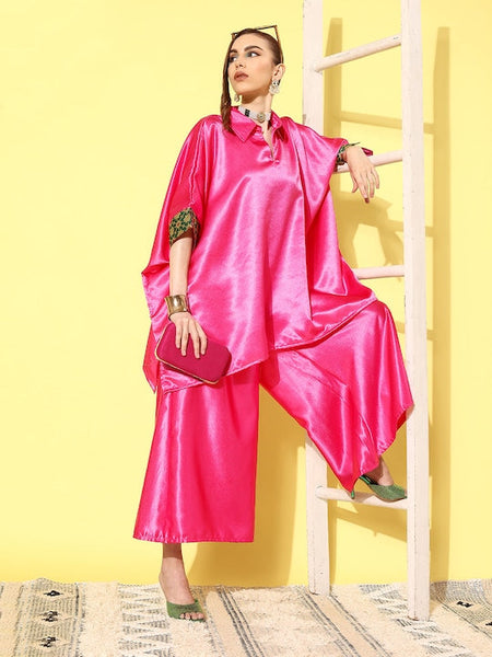 InWeave Women's Pink Green Brocade Satin Boho Kurta Palazzo Set - Distacart