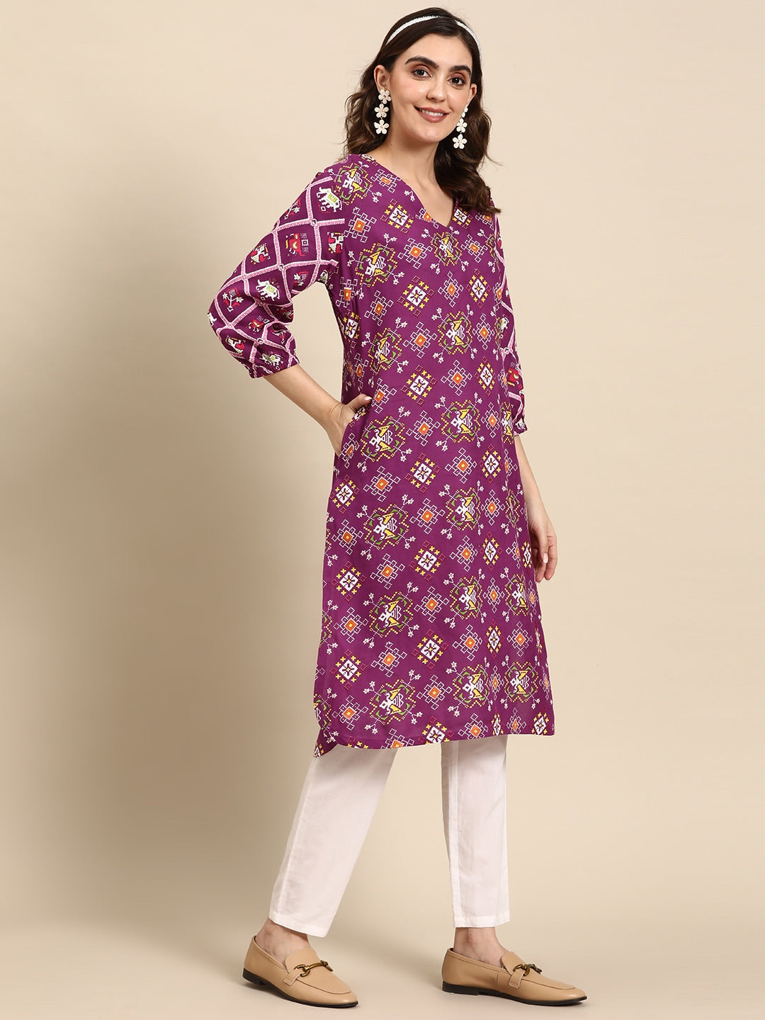 Sangria Ethnic Motifs Printed V-neck Puff Sleeves Kurta - Distacart
