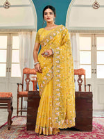 Thumbnail for Tikhi Imli Yellow Ethnic Motifs Beads and Stones Embroidered Saree - Distacart