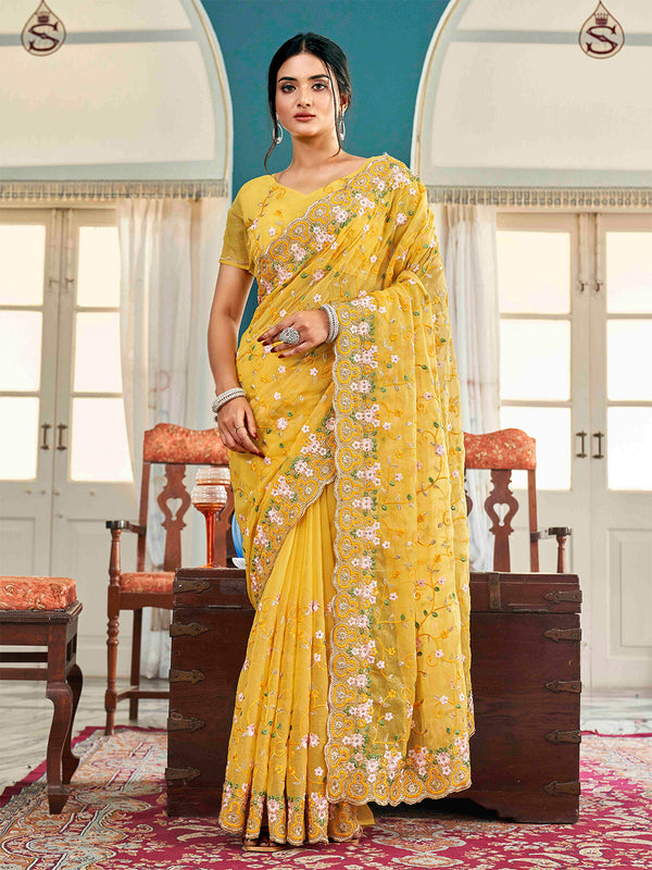Tikhi Imli Yellow Ethnic Motifs Beads and Stones Embroidered Saree - Distacart