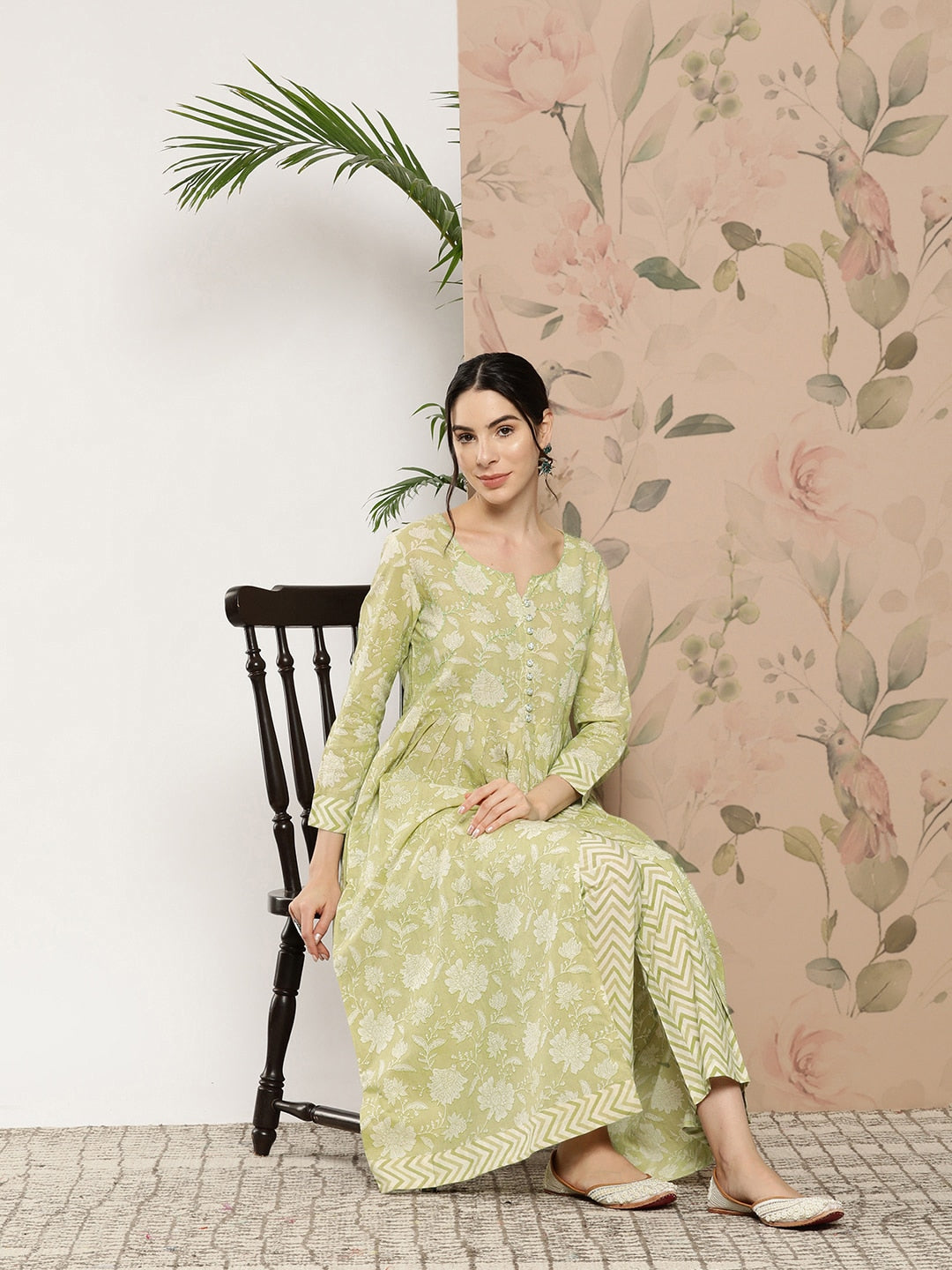 Kalini Ethnic Motifs Printed Thread Work Pure Cotton Kurta With Trousers - Distacart