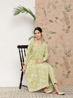 Thumbnail for Kalini Ethnic Motifs Printed Thread Work Pure Cotton Kurta With Trousers - Distacart