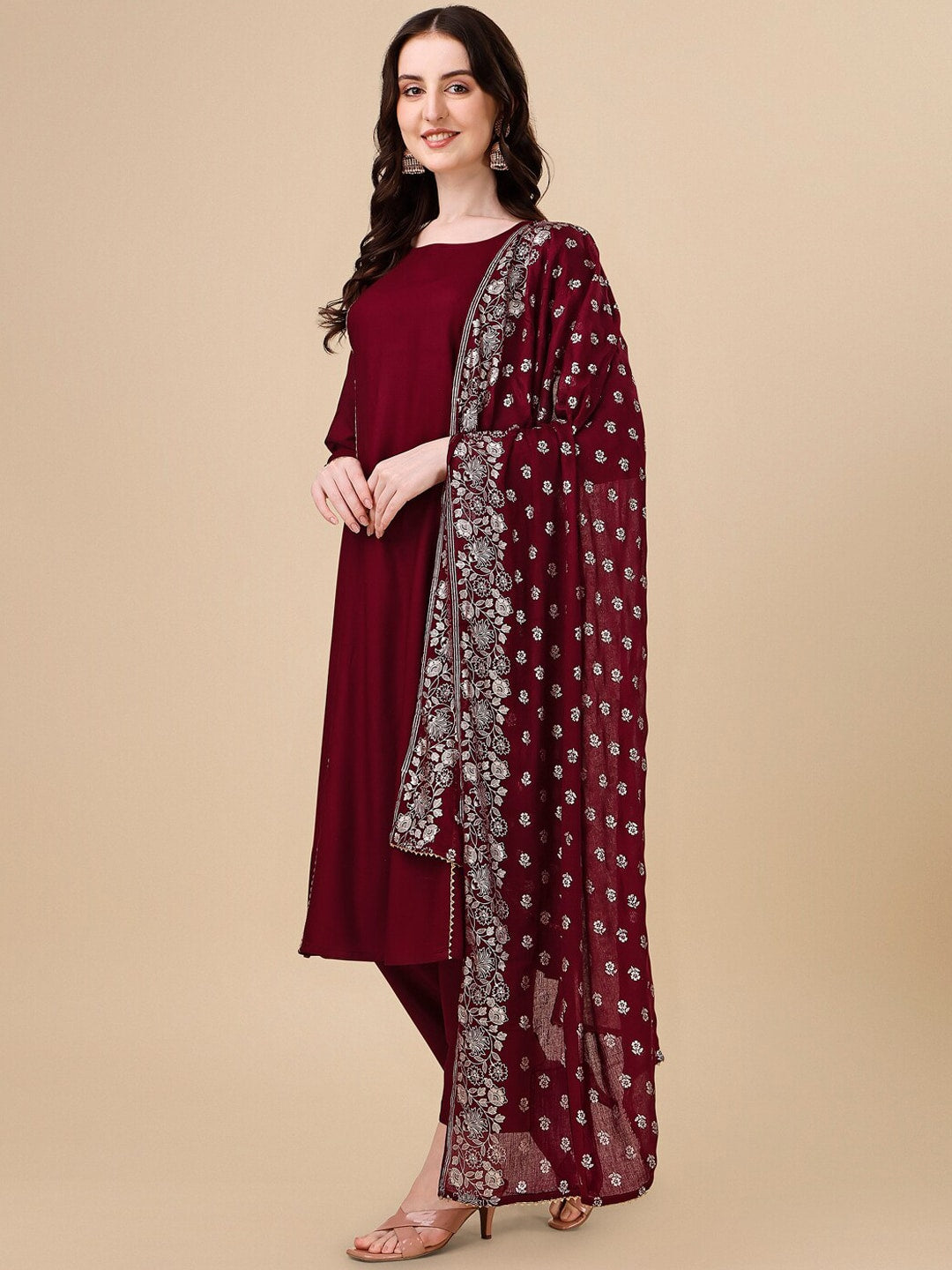 HERE&NOW Maroon & White Gotta Patti Kurta with Trousers & Dupatta - Distacart