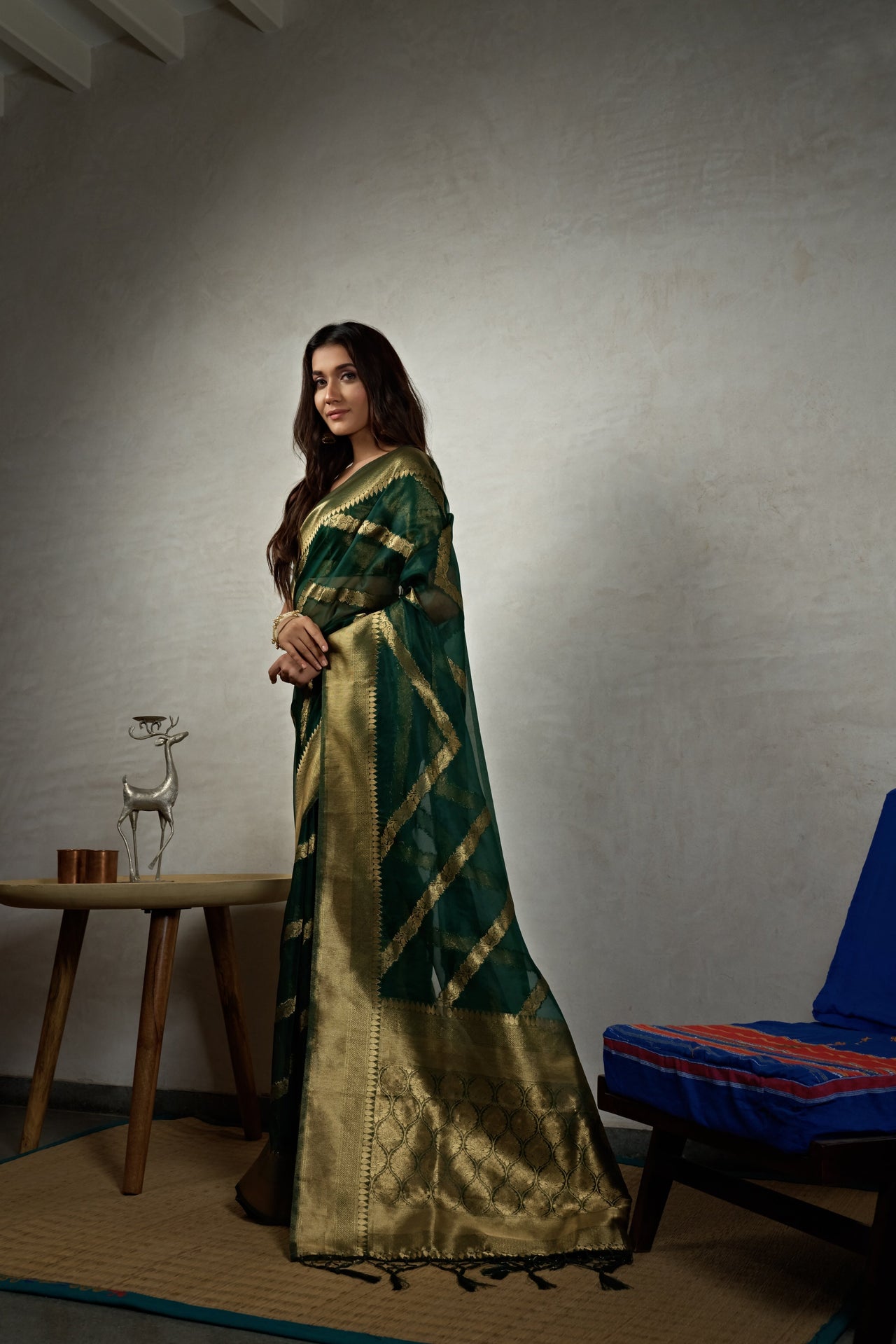 Vardha Emerald Green Golden Zari Banarasi Organza Saree