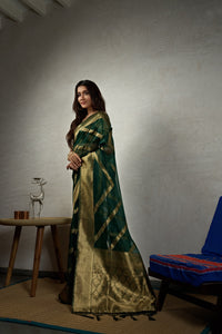 Thumbnail for Vardha Emerald Green Golden Zari Banarasi Organza Saree