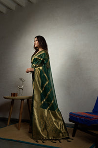 Thumbnail for Vardha Emerald Green Golden Zari Banarasi Organza Saree