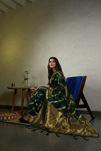 Thumbnail for Vardha Emerald Green Golden Zari Banarasi Organza Saree