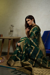 Thumbnail for Vardha Emerald Green Golden Zari Banarasi Organza Saree