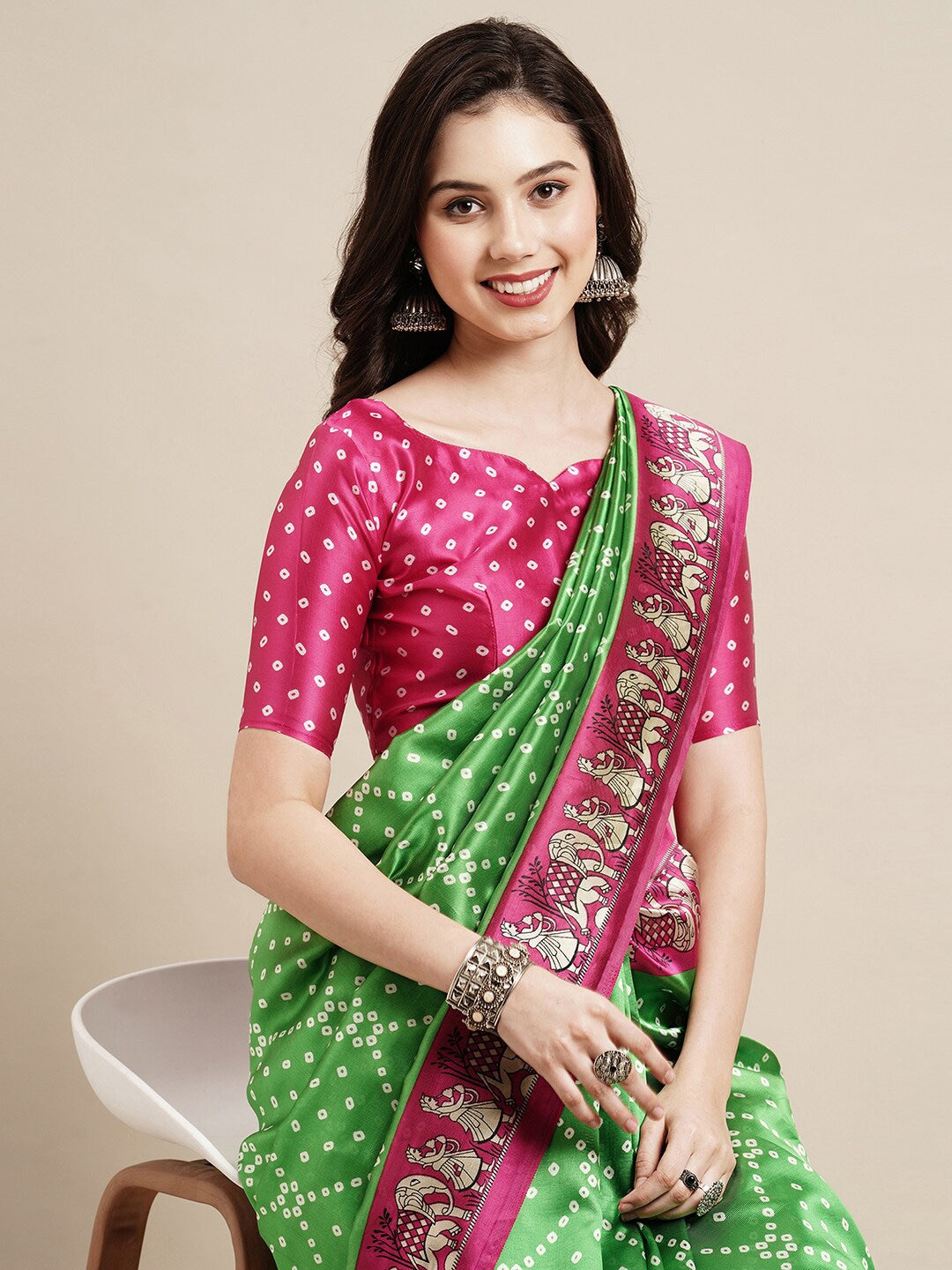 Saree Mall Green & Fuchsia Bandhani Silk Blend Bandhani Sarees - Distacart