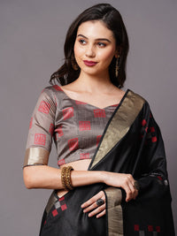 Thumbnail for Mitera Black & Red Ethnic Motifs Silk Cotton Banarasi Saree - Distacart