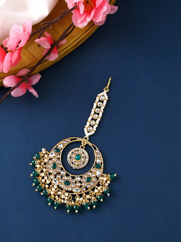 Yellow Chimes Gold-Plated White & Green Kundan-Studded & Beaded Maang Tikka - Distacart