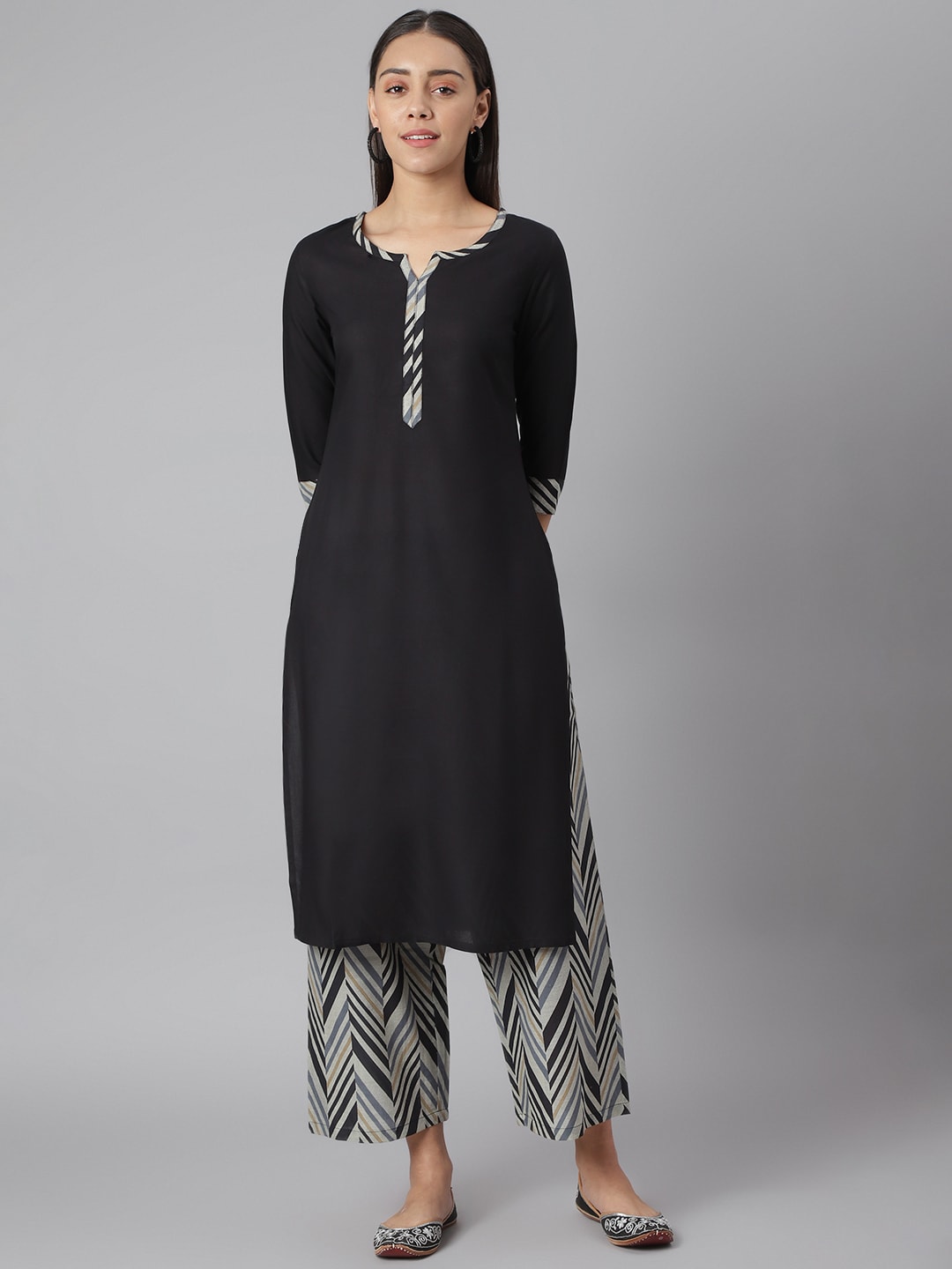 Khushal K Women Black & Grey Printed Kurta with Palazzos - Distacart