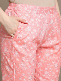 Thumbnail for HERE&NOW Floral Printed Embroidered Sequinned High-Low Kurti with Trouserss - Distacart