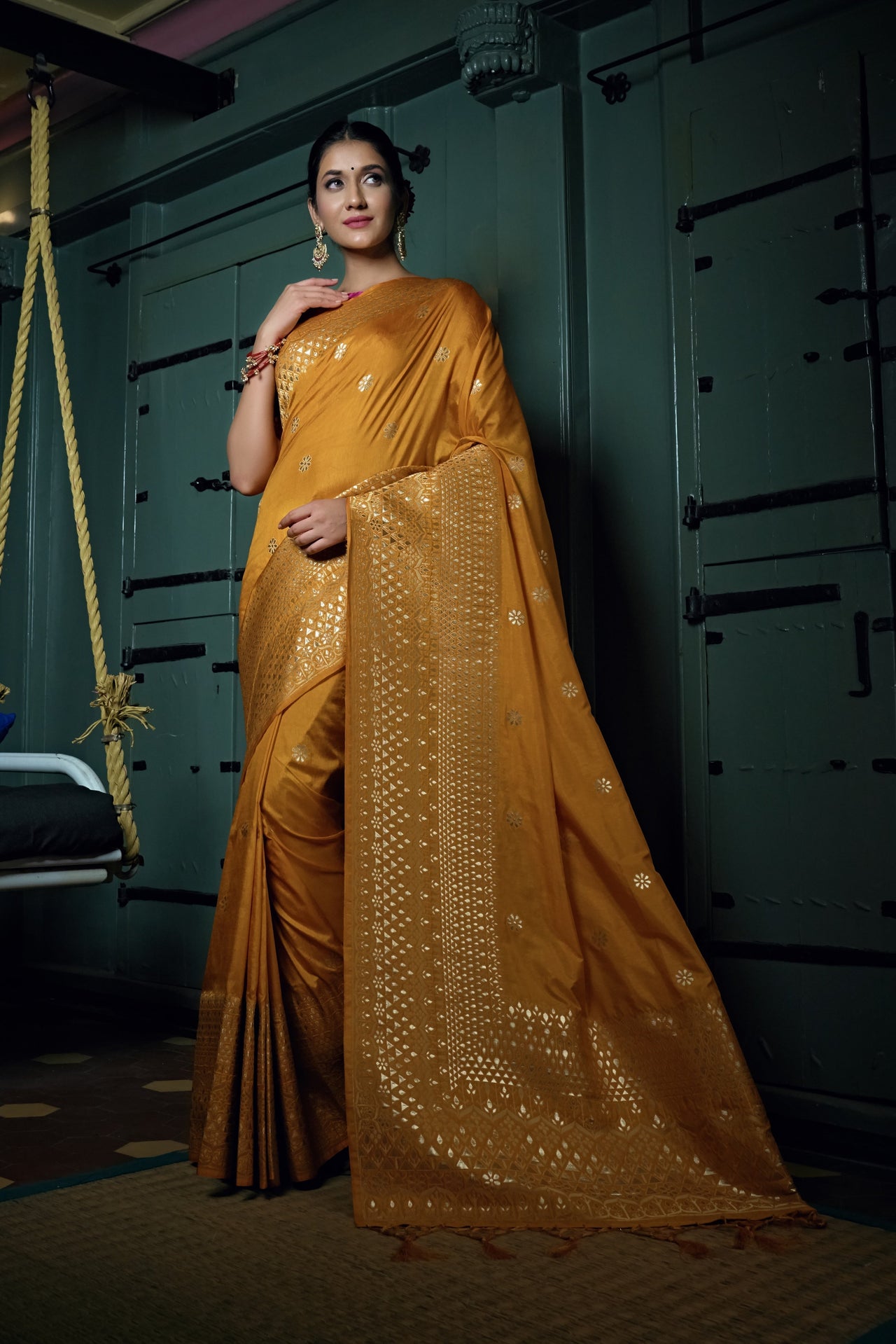 Vardha Mustard Yellow Golden Zari Banarasi Silk Saree