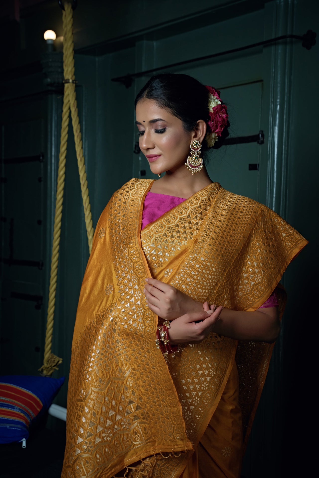 Vardha Mustard Yellow Golden Zari Banarasi Silk Saree