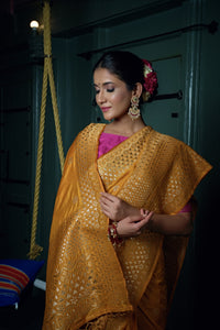 Thumbnail for Vardha Mustard Yellow Golden Zari Banarasi Silk Saree