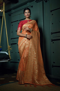 Thumbnail for Vardha Coral Orange Golden Zari Banarasi Silk Saree