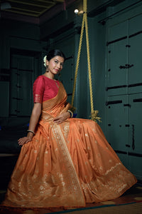 Thumbnail for Vardha Coral Orange Golden Zari Banarasi Silk Saree
