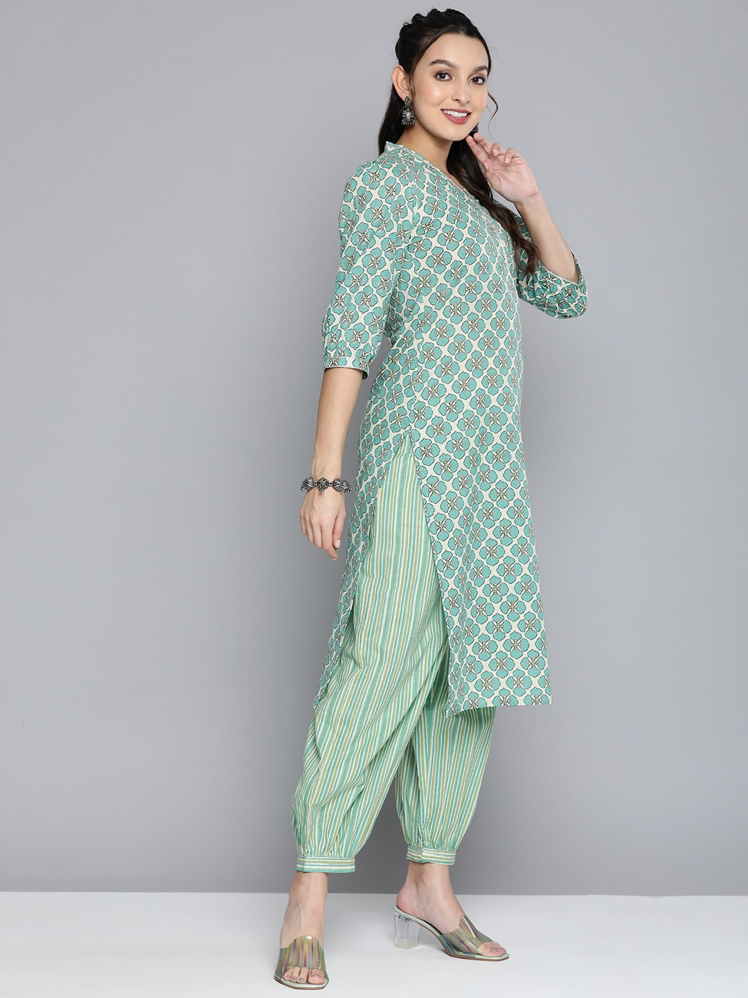 HERE&NOW Women Off White Ethnic Motifs Printed Pure Cotton Kurta with Palazzos & With Dupatta - Distacart