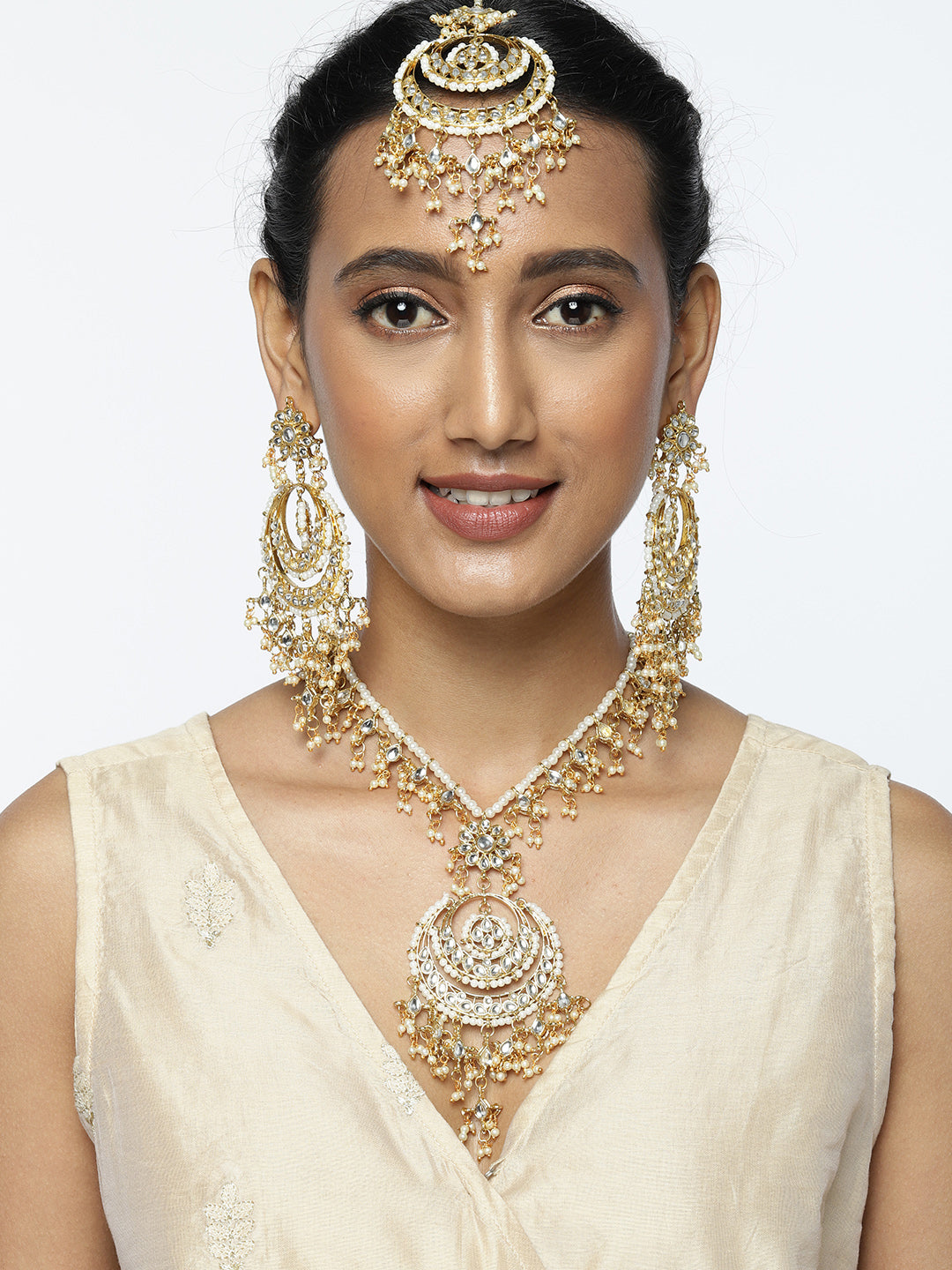 Zaveri Pearls Gold-Toned Kundan & Pearls Studded Rani Haar Jewellery Set - Distacart