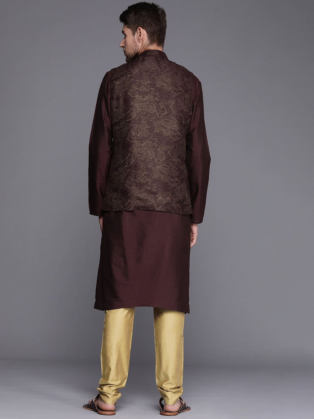 Manyavar Men Burgundy Kurta & Pyjama with Nehru Jacket - Distacart