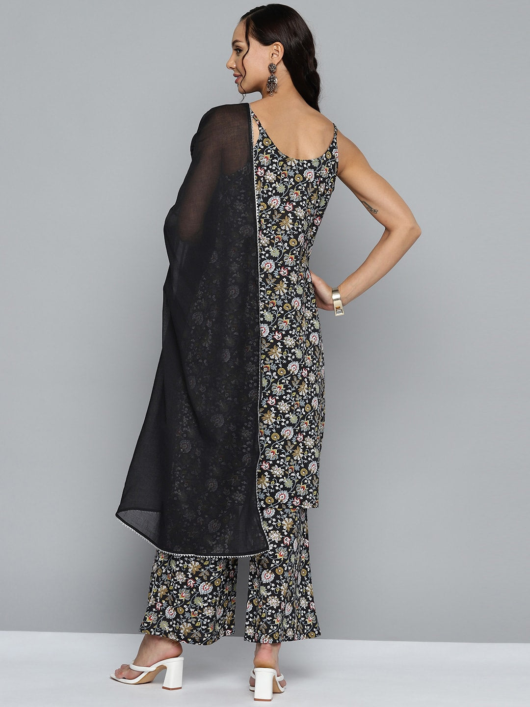 HERE&NOW Women Floral Printed Regular Pure Cotton Kurta with Palazzos & Dupatta - Distacart