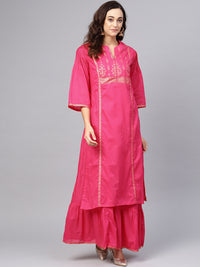 Thumbnail for Biba Women Pink & Golden Printed Layered A-Line Kurta - Distacart