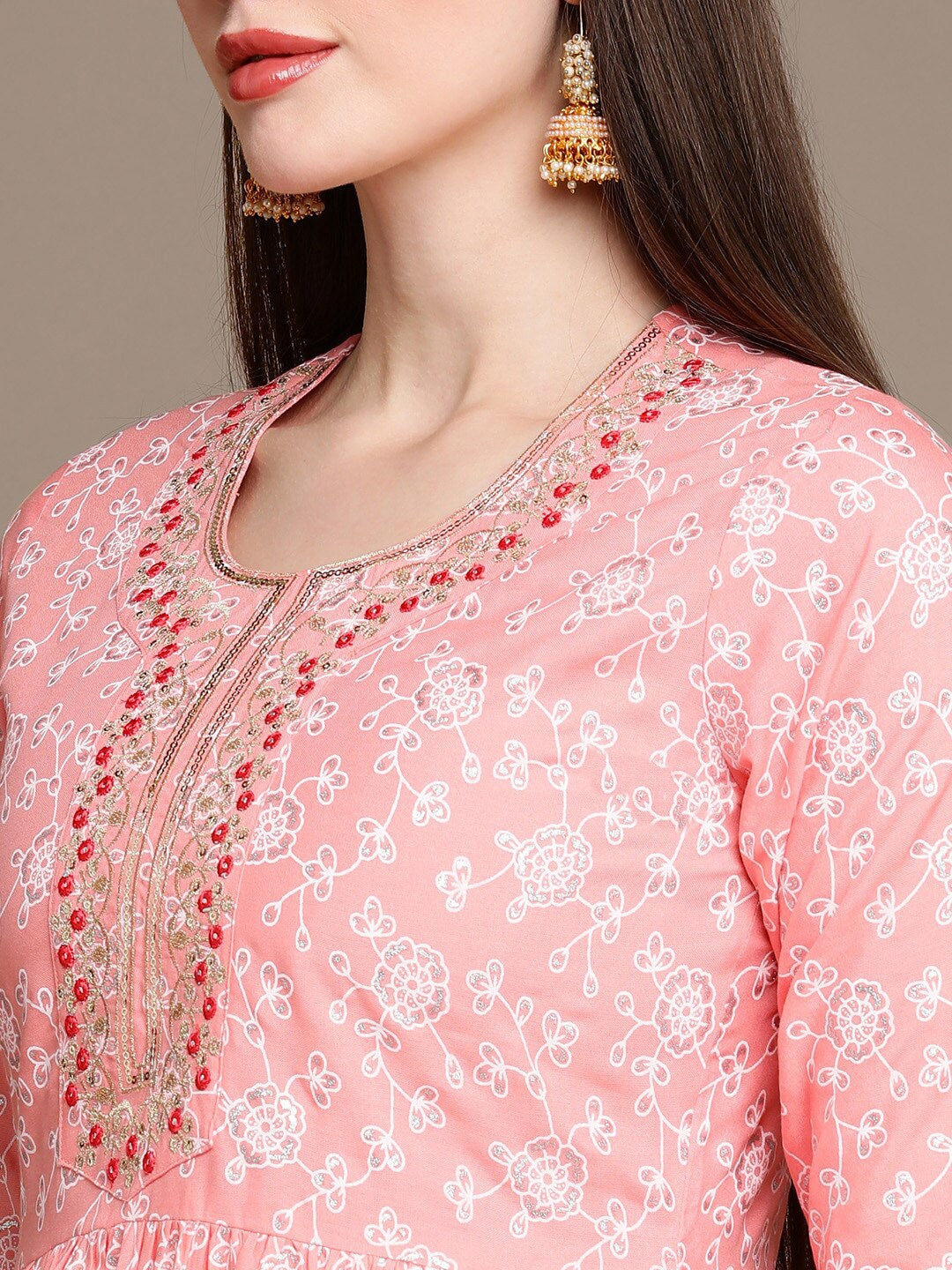 HERE&NOW Floral Printed Embroidered Sequinned High-Low Kurti with Trouserss - Distacart