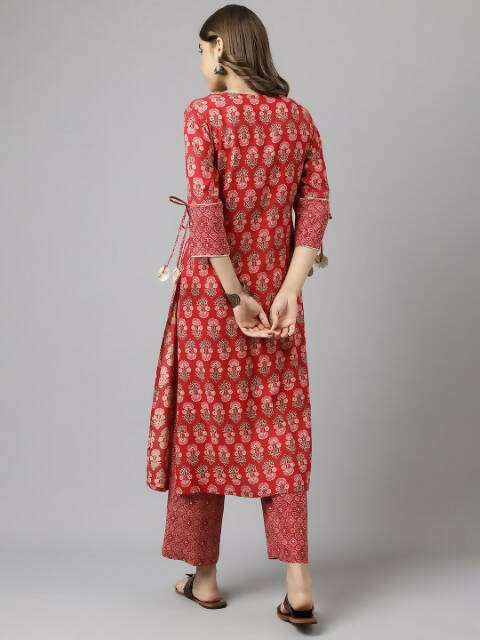FIORRA Women's Red Cotton A-Line Kurta Set - Distacart