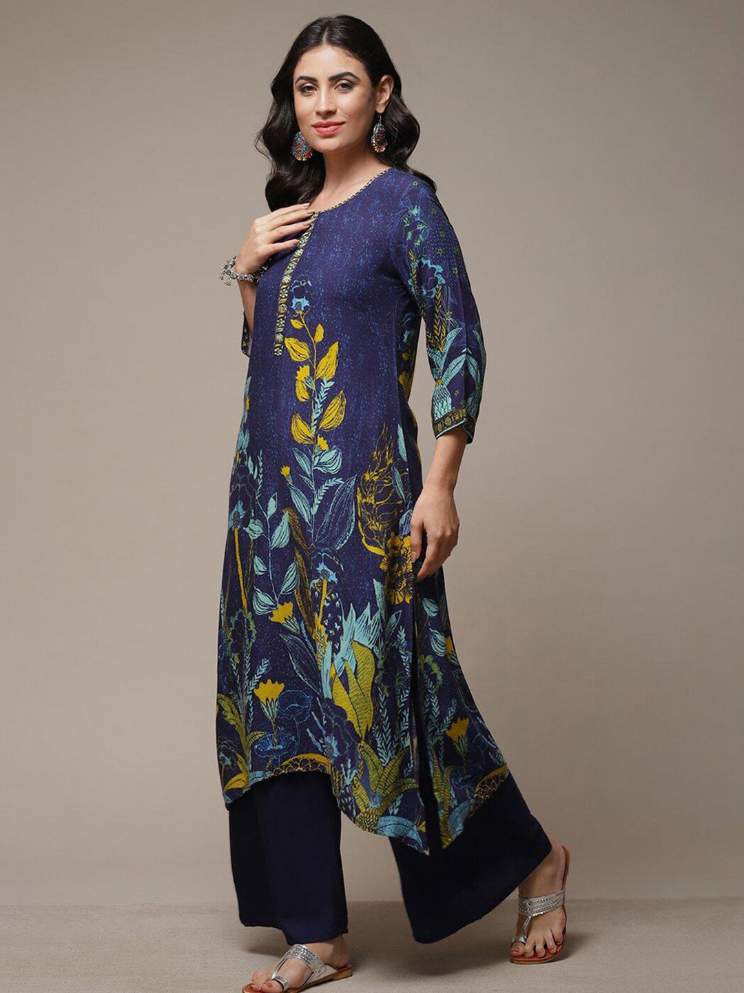 Biba Floral Printed Thread Work Beads Detail A-Line Asymmetric Kurta - Distacart