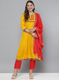 Thumbnail for HERE&NOW Floral Yoke Design Regular Thread Work Kurta with Trousers & With Dupatta - Distacart