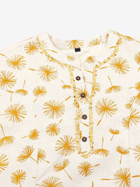 Thumbnail for HERE&NOW Off White & Mustard Yellow Floral Printed Thread Work Sequinned Cotton Kurta - Distacart