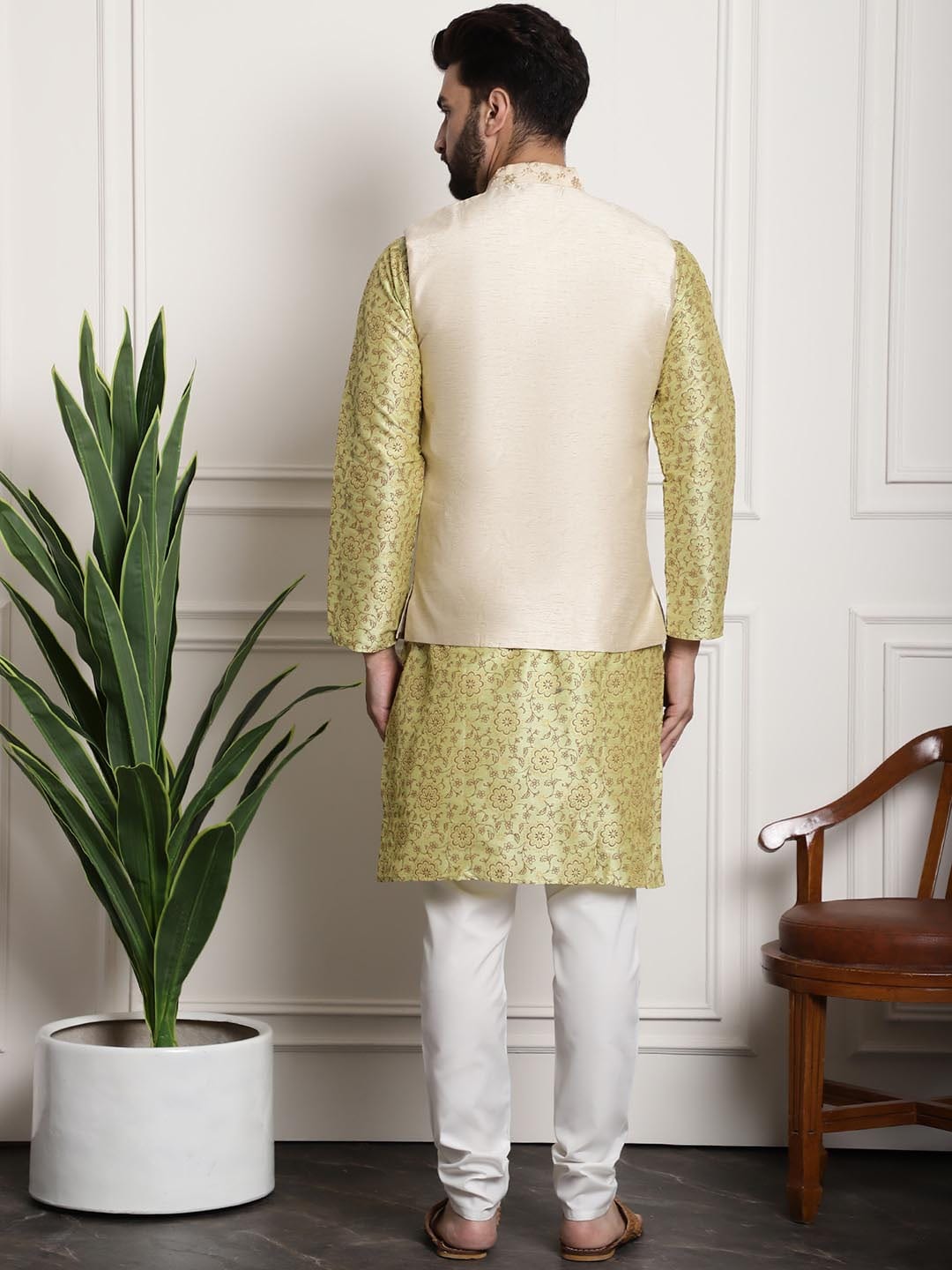 Sojanya Men Lime Green Ethnic Motifs Printed Kurta with Pyjamas & Nehru Jacket - Distacart