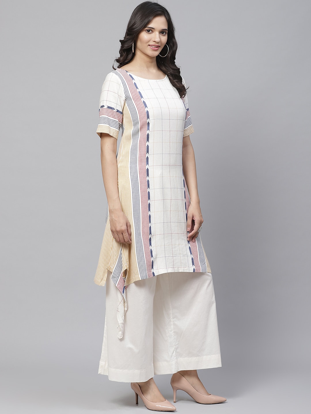 Biba Women Off-White & Blue Checked Asymmetric Kurta with Palazzos & Dupatta - Distacart