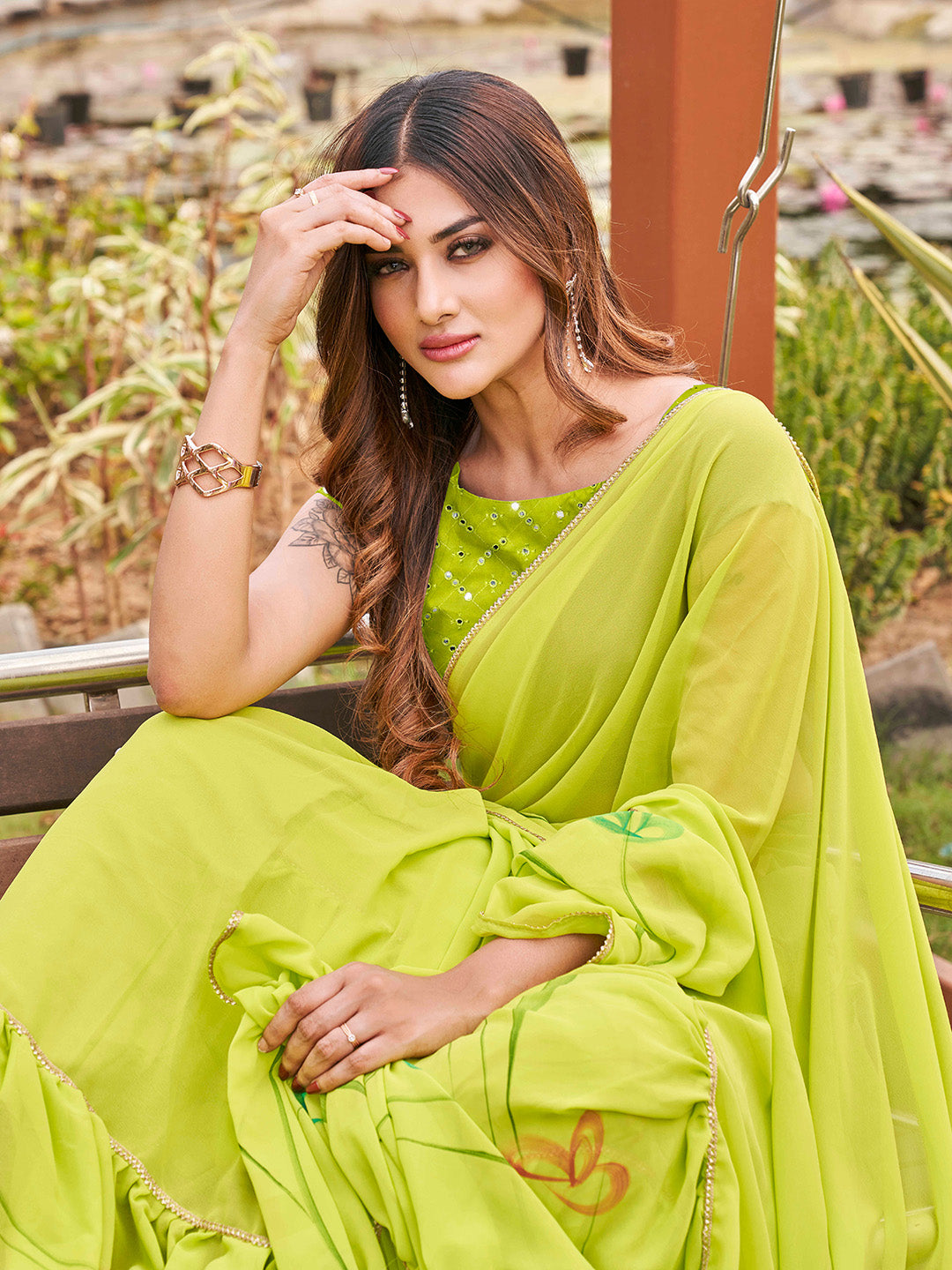 Tikhi Imli Printed Ruffle Saree With Mirror Embroidered Work Blouse - Distacart